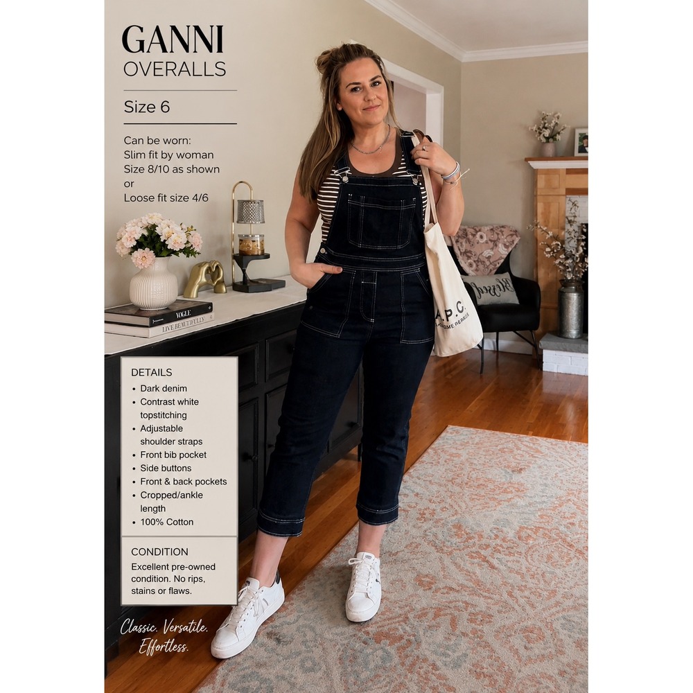 GANNI Denim Overalls Womens Size 38 Dark Wash‎ Carpenter Bib Jeans